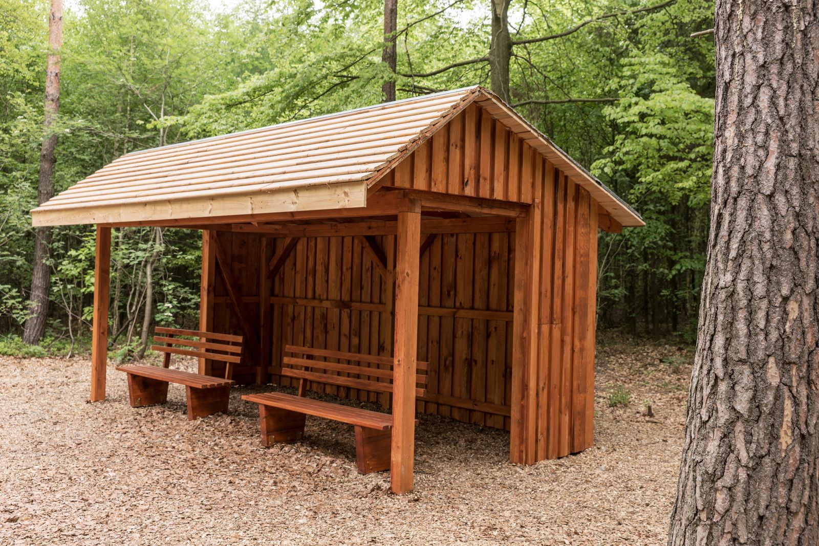 Houten dakconstructie van een open schuilplaats